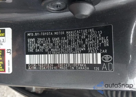 2013 Toyota Corolla Le from USA, damaged, VIN 2T1BU4EE5DC054897